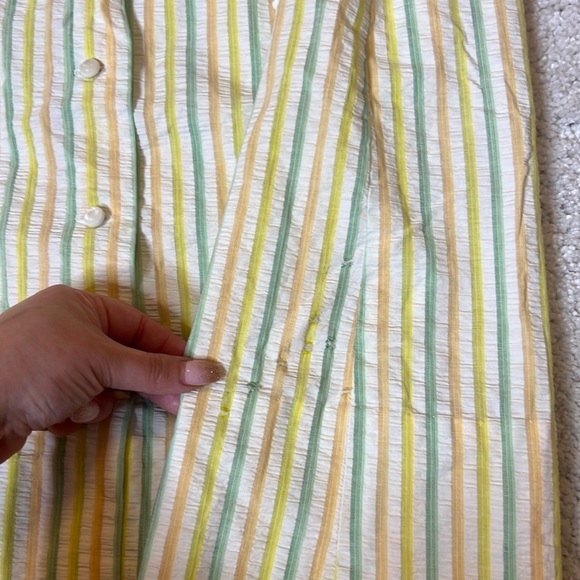 Vintage 60s 70s Seersucker House Coat Striped Lounge Dress Ric Rac Trim Mumu - Picture 13 of 14